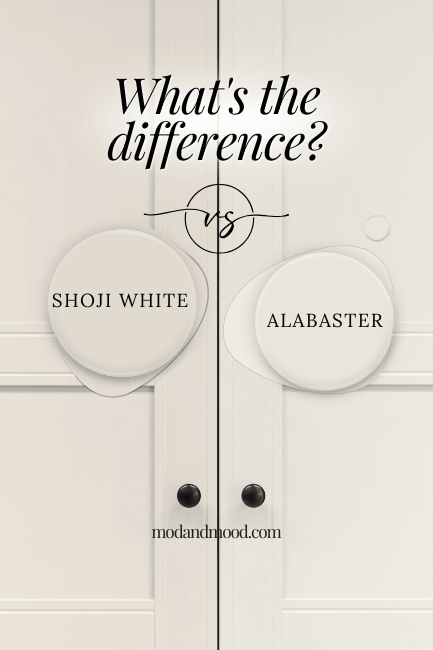 Graphic reads "what's the difference?" over a photo of Shoji White on one half of a set of kitchen cabinets and Alabaster on the other half. Colorse are each swatched over the photo.