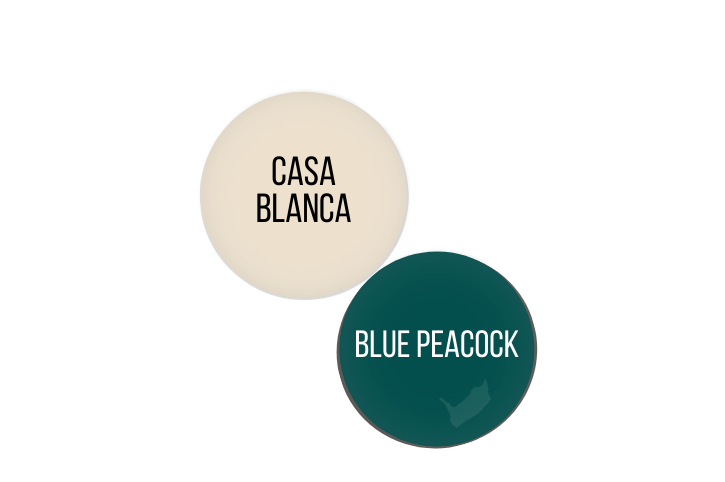 Paint dot of Blue Peacock beside a paint dot of Sherwin Williams Casa Blanca