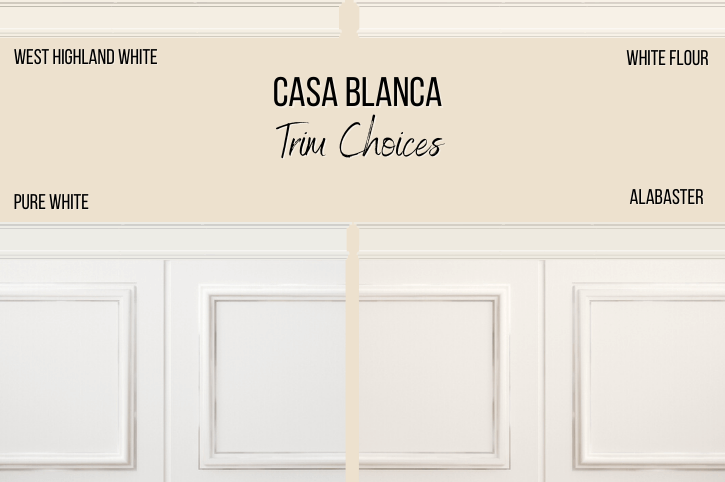 Casa Blanca with trim choices Pure White, White Flour, Alabaster, and West Highland White
