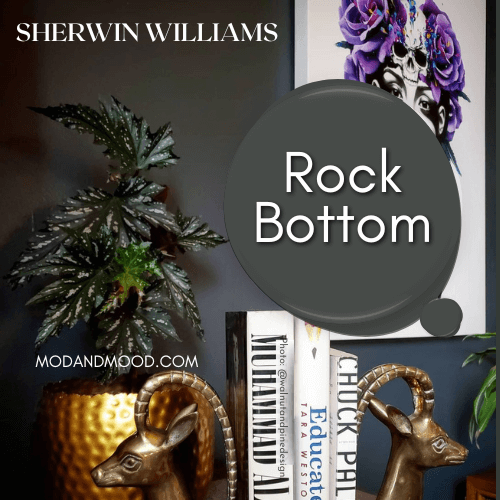 Swatch of Sherwin Williams Rock Bottom over background of the same color on a living room wall with a brass antelope book end in the foreground and an abstract floral painting of a woman behind.