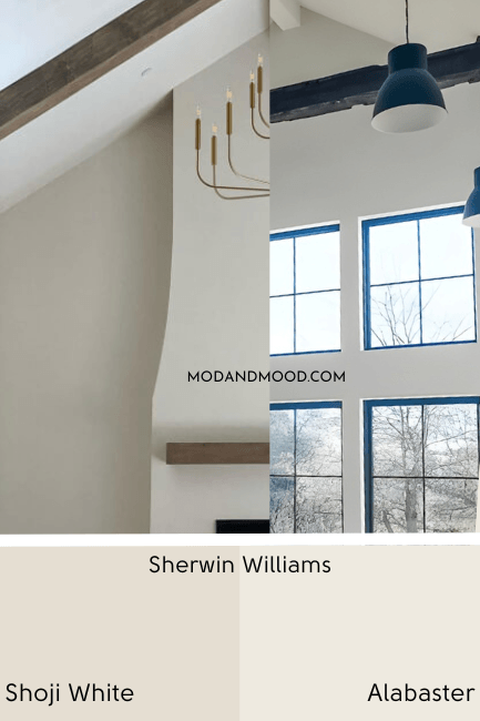 swatches of Alabaster and Shoji White beside each other, below a photo of the colors in vaulted living rooms.