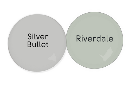 Coordinating Colors Silver Bullet and RIverdale swatched beside each other in paint drops