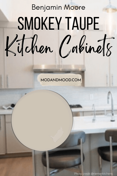 Smokey Taupe swatch over a background of same color on cabinets in a kitchen with white walls