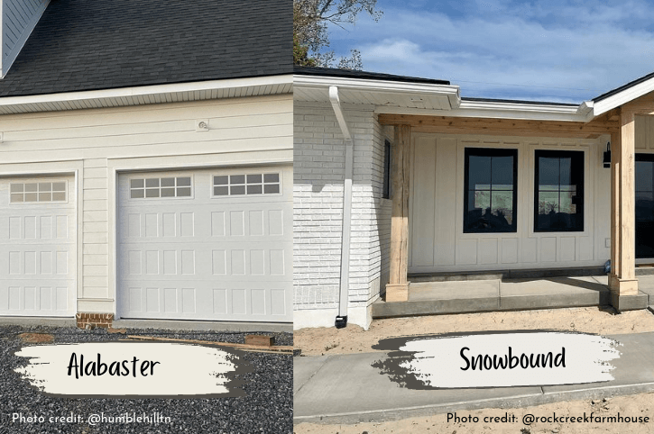 Alabaster looking creamy white on a garage in the left photo and Snowbound looking slightly more gray to the right.