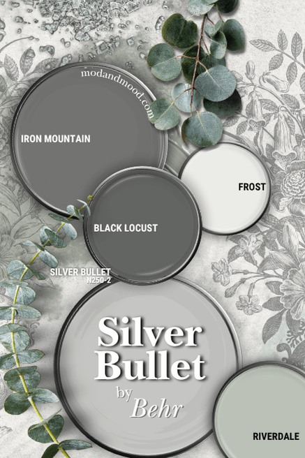 Behr Silver bullet in a color palette with Riverdale, Black Locust, Frost, and Iron Mountain over a background of marble, leaves, and botanical print.