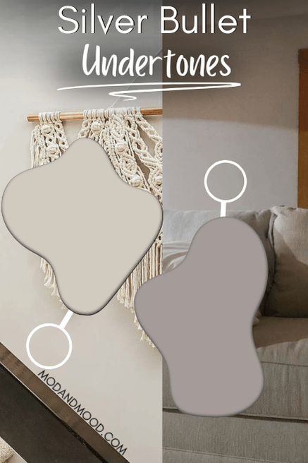 Swatches of the undertones of Silver Bullet over examples in rooms