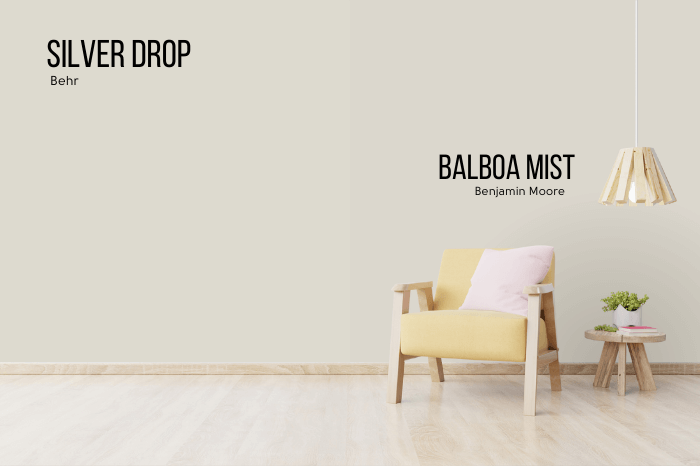 Comparison of Behr Silver Drop and Benjamin Moore Balboa Mist behind the sofa and small wooden table.