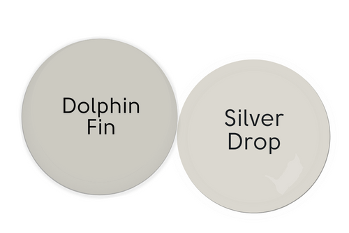 Coordinating Colors Silver Drop and Dolphin Fin swatched side by side as paint drops
