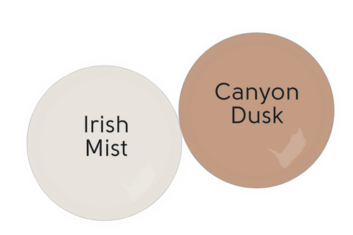 Coordinating Colors Irish Mist and Canyon Dusk swatched beside each other as paint dots
