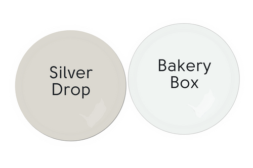 Coordinating Colors Silver Drop and Bakery Box swatched side by side as paint drops