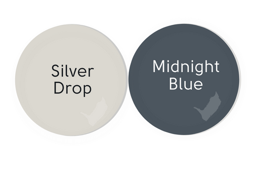Coordinating Colors Silver Drop and Midnight Blue swatched side by side as paint drops