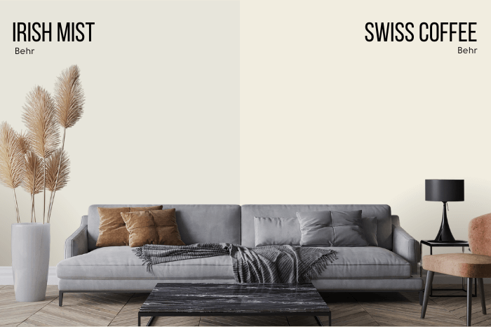 Behr Swiss Coffee vs Irish Mist, each on half of a wall behind a gray sofa