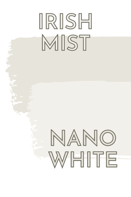 Paint swipe swatch of Behr Irish Mist over same of Behr Nano White