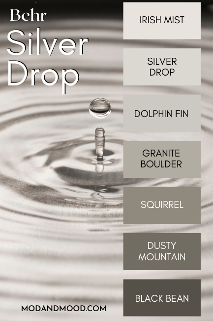 Behr Silver Drop in a color palette with Black Bean, Dusty Mountain, Squirrel, Granite Boulder, Dolphin Fin and Irish Mist over a background of water droplets.