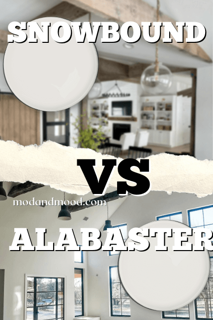 Graphic Reads Snowbounds vs Alabaster over photos of Snowbound walls in one home and creamy white alabaster walls in another