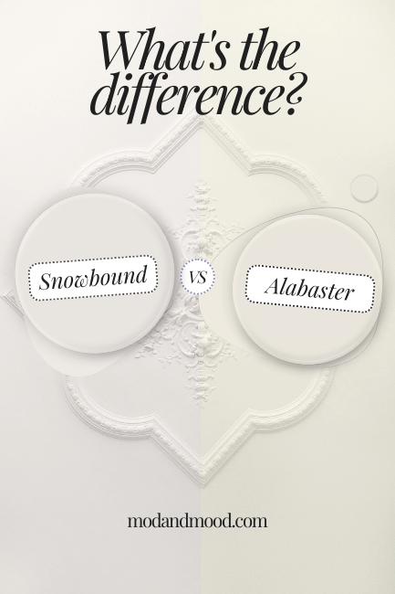 Graphic reads "What's the difference?" with paint dots of both Snowbound and Alabaster over a background photo of a white ceiling with a medallion on it, half is painted in alabaster and half in Snowbound.