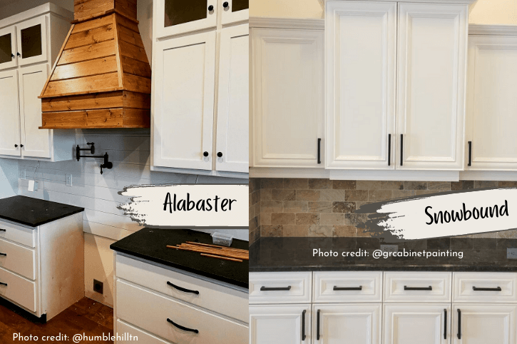 Alabaster on cabinets in left hand photo and Snowbound on cabinets in right hand photo