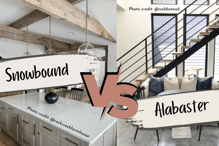 Graphic Reads Snowbounds vs Alabaster over side by side photos of white Snowbound walls in one home and creamy white alabaster walls in another