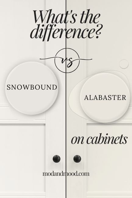Graphic reads "what's the difference?" over a photo of Snowbound on half of a cabinet and alabaster on the rest