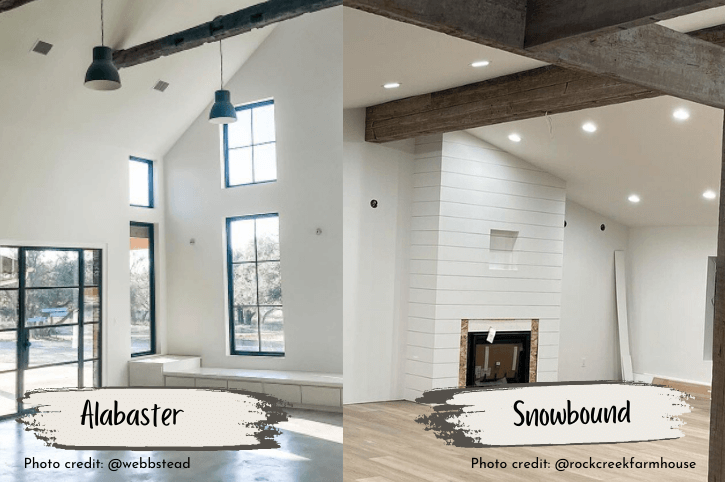 Alabaster compared to Snowbound with each in side by side photos of vaulted all-white living rooms.