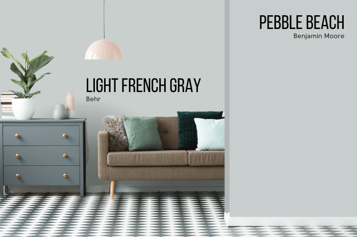 Behr Light French Gray on half of a wall with dupe Benjamin Moore Pebble Beach on the other half