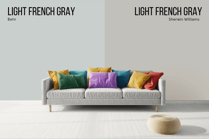 Behr Light French Gray on half of a wall vs Sherwin Williams Light French Gray on the other half