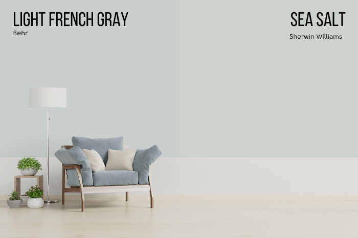 Behr Light French Gray vs Sherwin Williams Sea Salt, each on half of a wall