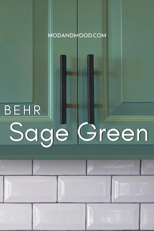 Behr Sage green on a kitchen cabinet with black hardware