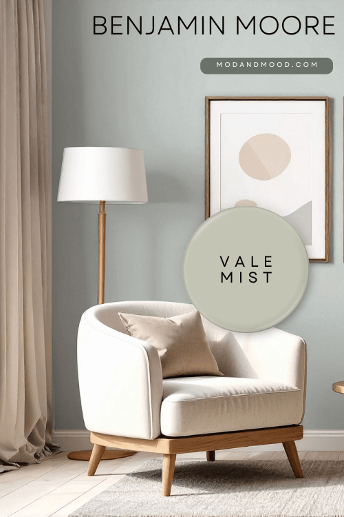 Swatch of Vale Mist over a photo of the same color on a wall