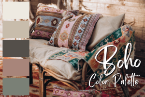 Boho color palette over a background of a rattan sofa with boho cushions