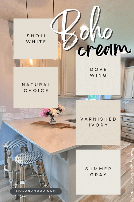 Boho cream color palette features sherwin williams Natural Choice and Shoji White, Benjamin Moore Dove Wing, Behr Varnished Ivory, and Valspar Summer Gray over a background of a creamy white boho inspired room.
