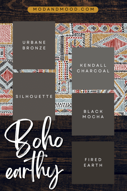 Dark and Earthy inspired Boho color palette features Sherwin Williams Urbane Bronze, Benjamin Moore Silhouette, Benjamin Moore Kendall Charcoal, Behr Black Mocha, and Valspar Fired Earth over a background of a dark wood floor with a boho rug over it.