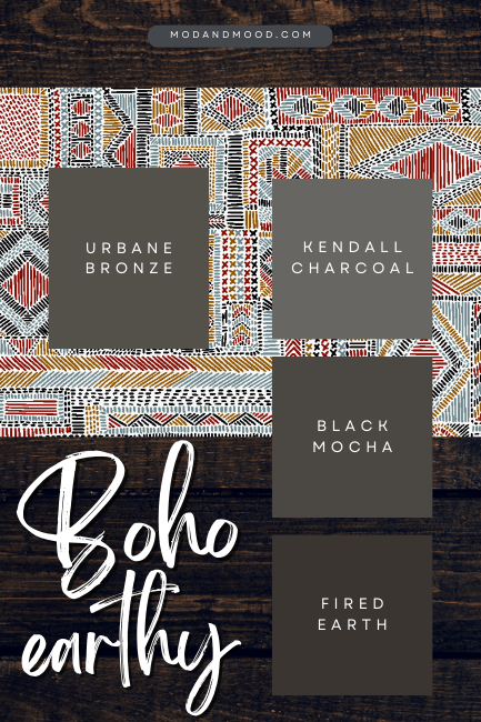 Dark and Earthy inspired Boho color palette features Sherwin Williams Urbane Bronze, Benjamin Moore Kendall Charcoal, Behr Black Mocha, and Valspar Fired Earth over a background of a dark wood floor with a boho rug over it.