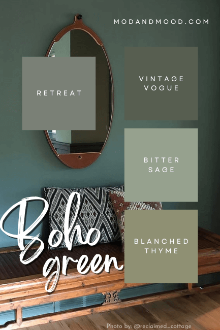 Boho Color Palette greens including Retreat, Vintage Vogue, Bitter Sage, and Blanched Thyme over a background of a bold green room with boho furniture