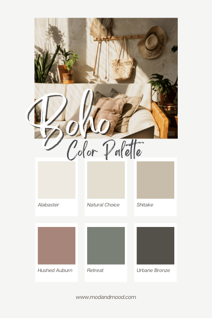Boho inspired color palette below and image of a boho living room. Colors are Sherwin Williams Alabaster, Natural Choice, Shiitake, Hushed Auburn, Retreat, and Urbane Bronze