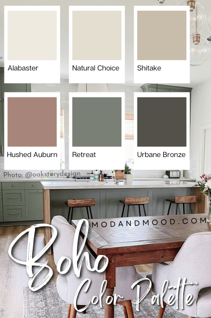 Boho inspired color palette over an image of a green boho kitchen. Colors are Sherwin Williams Alabaster, Natural Choice, Shiitake, Hushed Auburn, Retreat, and Urbane Bronze