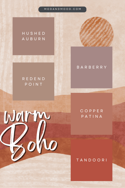 Warm Boho inspired color palette includes Sherwin Williams Hushed Auburn, Redend Point, Benjamin Moore Barberry, Valspar Copper Patina, and Behr Tandoori over a background of a sunset inspired rug