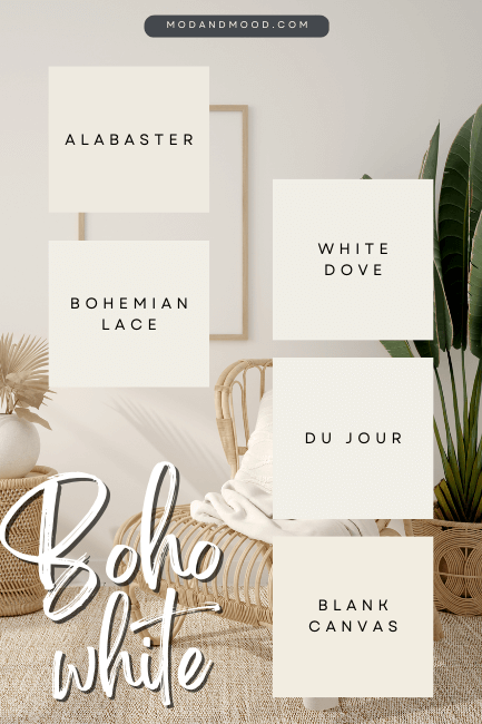 Boho inspired white paint colors including Alabaster, Bohemian Lace, White Dove, Du Jour, and Blank Canvas