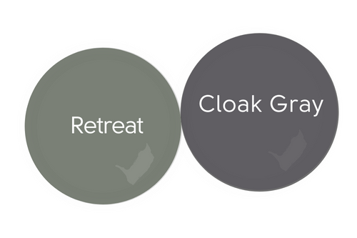 Sherwin Williams Retreat paint dot beside complementary color Cloak Gray