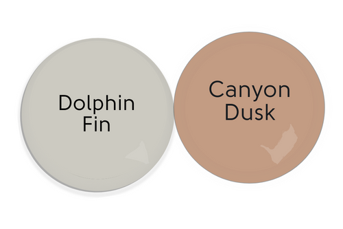 Paint dot of Behr Dolphin Fin beside a paint dot of Canyon Dusk