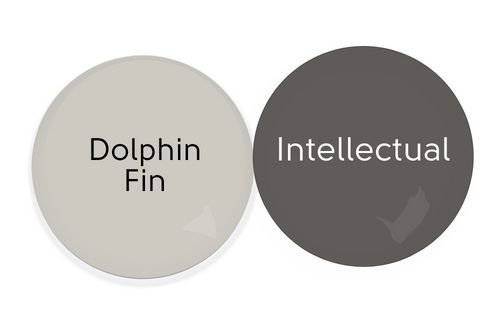 Paint dot of Behr Dolphin Fin beside a paint dot of Intellectual