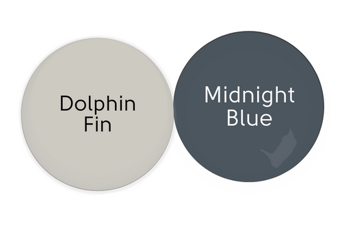 Paint dot of Behr Dolphin Fin beside a paint dot of Midnight Blue