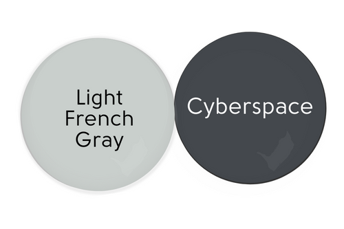 Paint dot of Behr Light French Gray beside a paint dot of Cyberspace