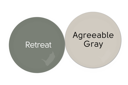 Sherwin Williams Retreat paint dot beside coordinating color Agreeable Gray