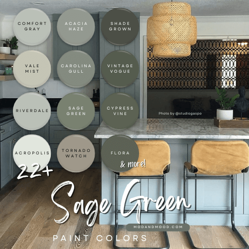Swatches of 12 of the sage green paint colors from the article, over a background of Carolina Gull on kitchen cabinets.