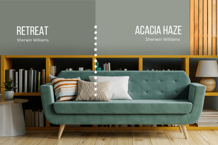 Sherwin Williams Retreat vs Acacia Haze, each on half of a wall in a living room behind a green sofa and an oak book shelf