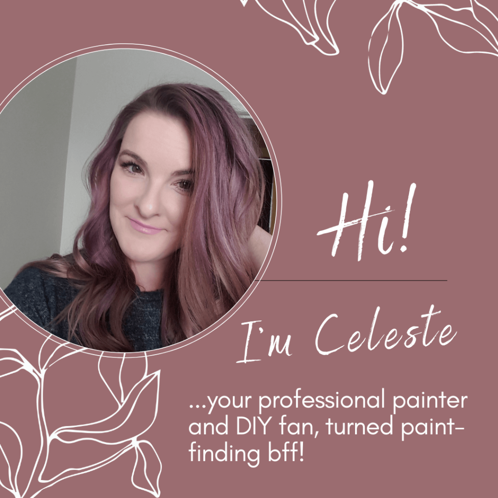 Graphic reads "Hi, I'm Celeste... your professional painter and DIY fan, turned paint-finding bff." Profile photo of a woman with purple hair over a mauve background with white vine drawings