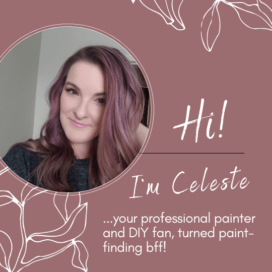 Author Bio. Graphic reads "Hi, I'm Celeste... your professional painter and DIY fan, turned paint-finding bff." Profile photo of a woman with purple hair over a mauve background with white vine drawings