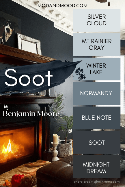 Benjamin Moore Soot Color Strip features from light to dark: Silver Cloud, Mt Rainier Gray, Winter Lake, Normandy, Blue Note, Soot, and Midnight Dream
