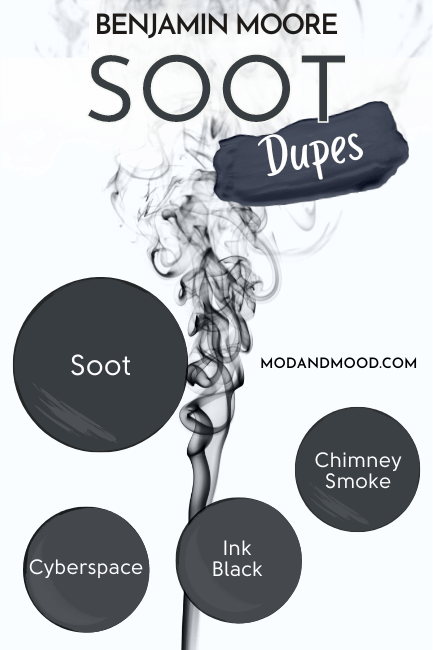 Graphic reads "Benjamin Moore Soot Dupes" and features paint dots of Soot, Cyberspace, Ink Black, and Chimney Smoke, over a white background with black smoke rising